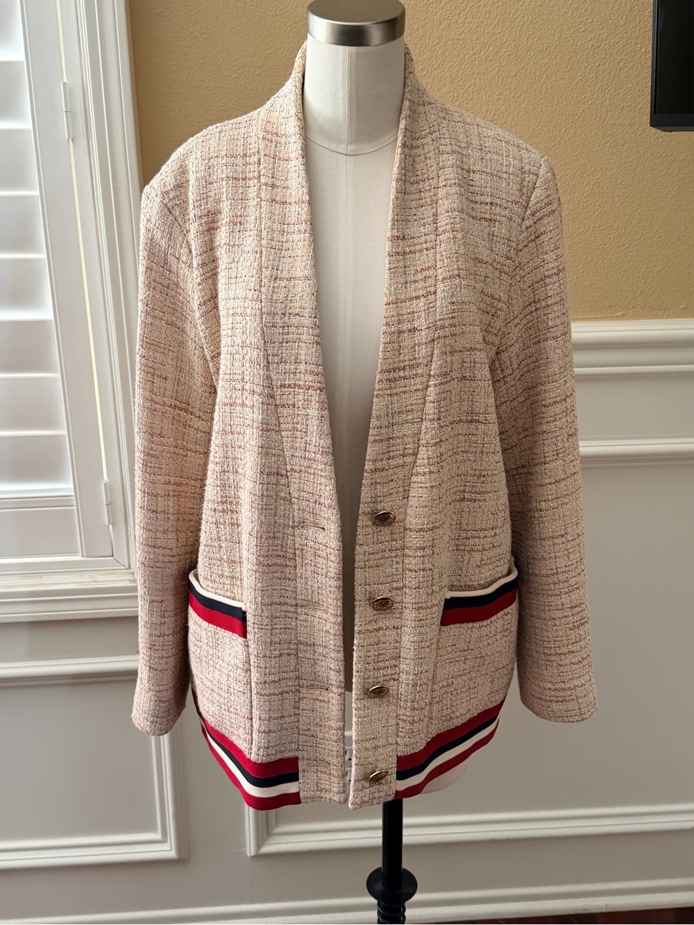 Sandro Pink Tweed Blazer Cardigan with Red & Navy Stripe Trim